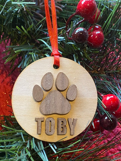 Dog name and paw print personalised ornament